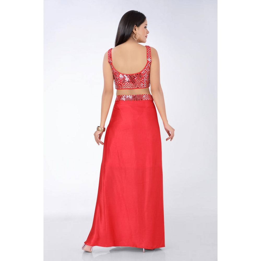 Asaga Red Embroidered Silk Stitched Blouse and Drape Skirt with Organza Jacket (Set of 3)