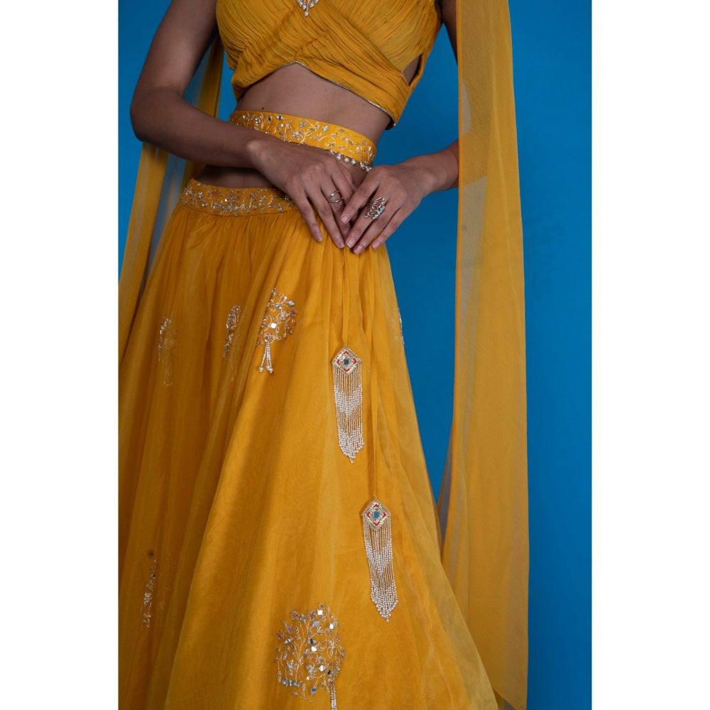 Asaga Mustard Embroidered Lehenga- Stitched Blouse with Dupatta and Belt (Set of 4)