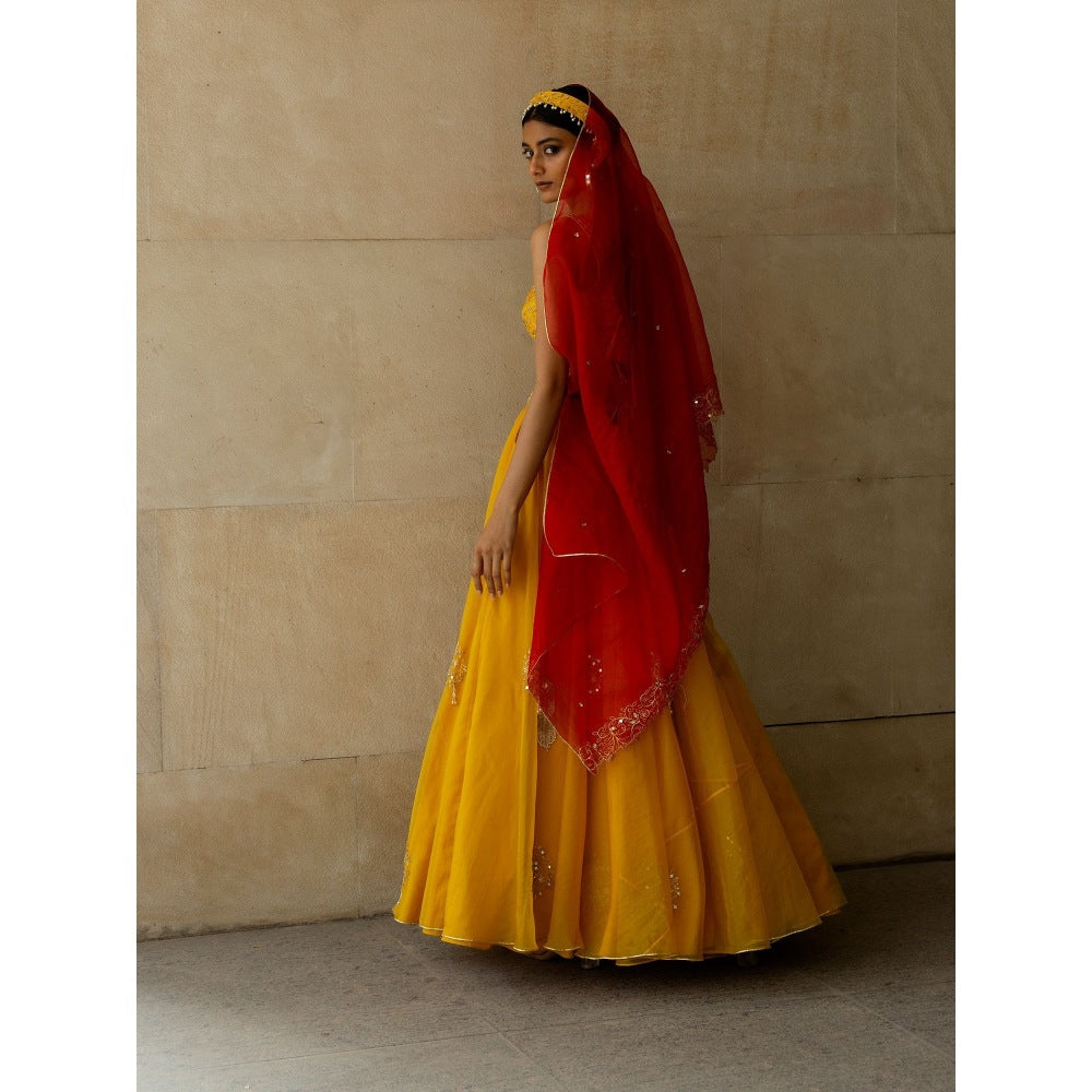 Asaga Mustard Embroidered Stitched Blouse- Lehenga Paired with Dupatta and Belt (Set of 4)