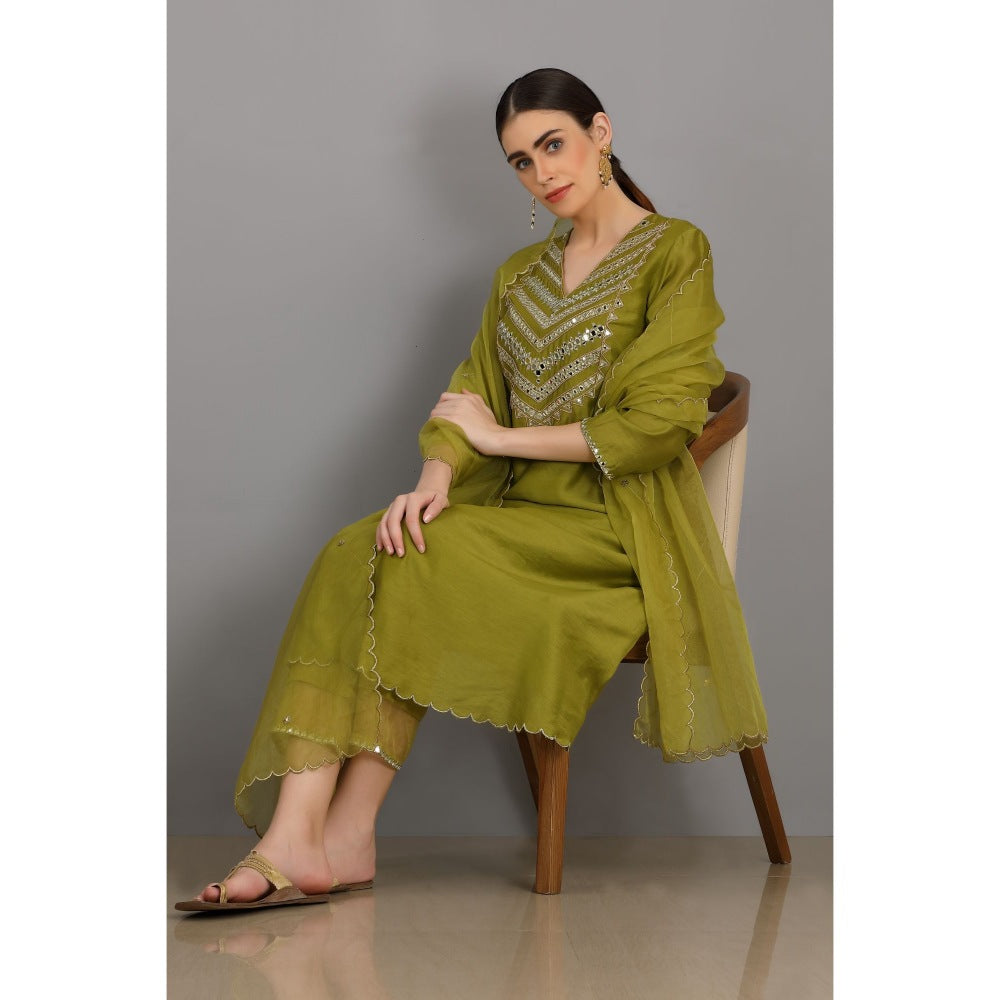 Asaga Danish Mehendi Embroidered Chanderi Silk Kurta with Pants and Organza Dupatta (Set of 3)