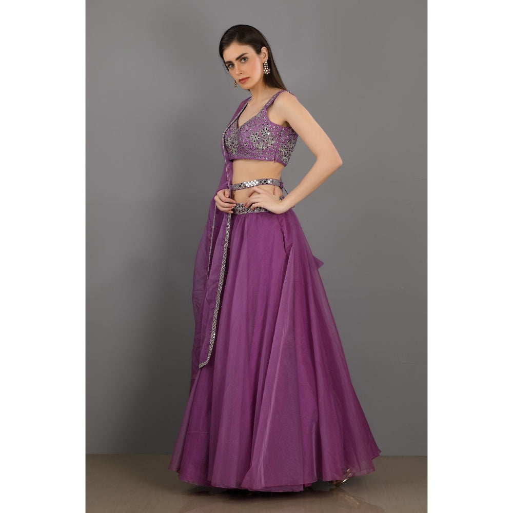 Asaga Lilac Embroidered Stitched Blouse- Lehenga with Dupatta and Belt (Set of 4)