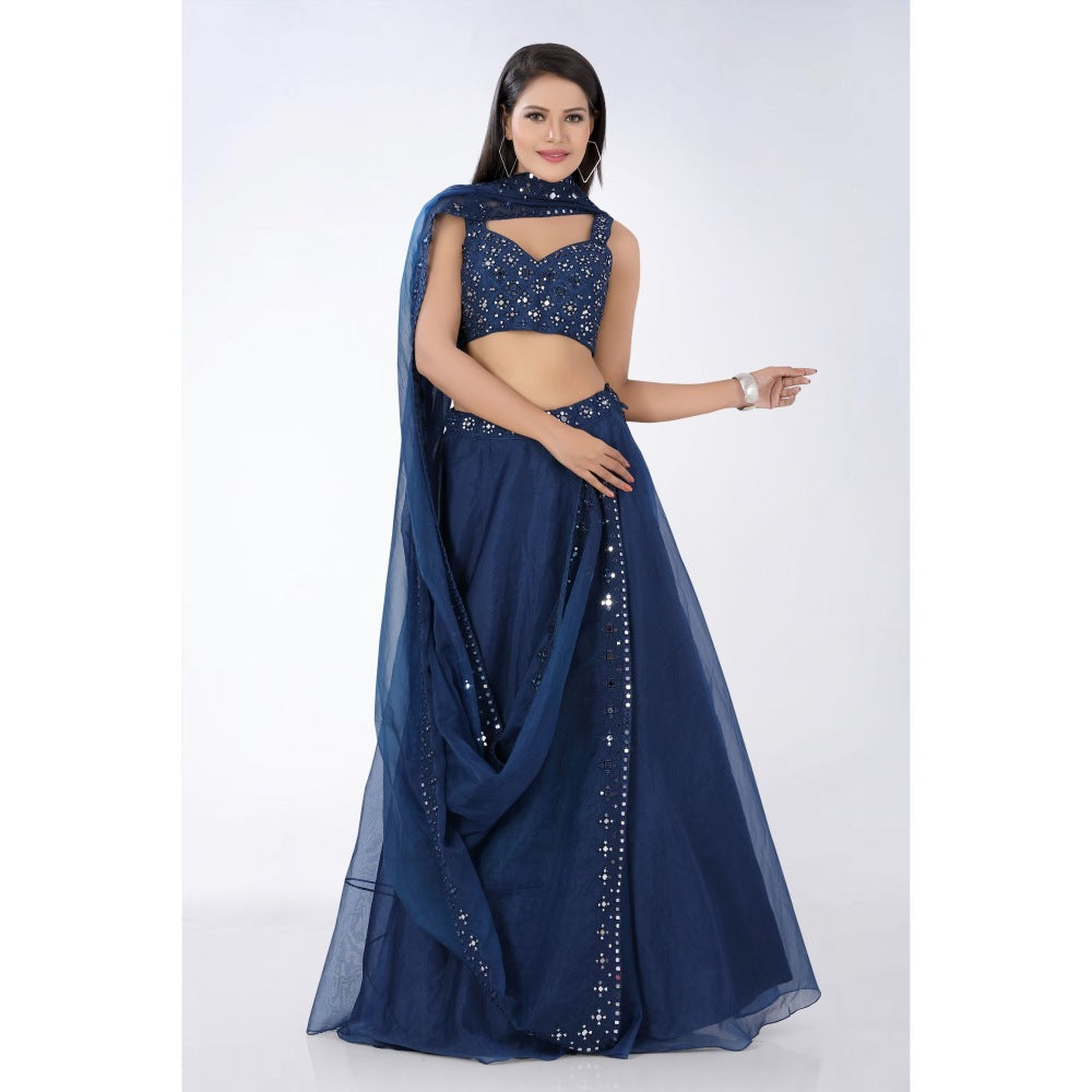 Asaga Navy Blue Embroidered Stitched Blouse- Lehenga with Organza Dupatta (Set of 3)