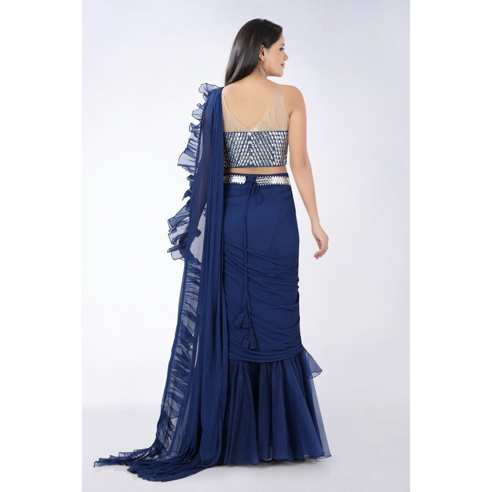 Asaga Navy Blue Embroidered Stitched Blouse Organza Pre Draped Saree with Belt (Set of 4)