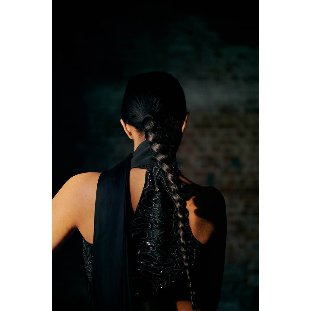 Asaga Chemy Green Satin Organza Drape Saree with Stitched Blouse