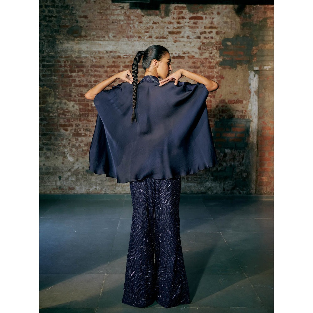 Asaga Navy Blue Sapphire Blouse with Pant and Cape (Set of 3)
