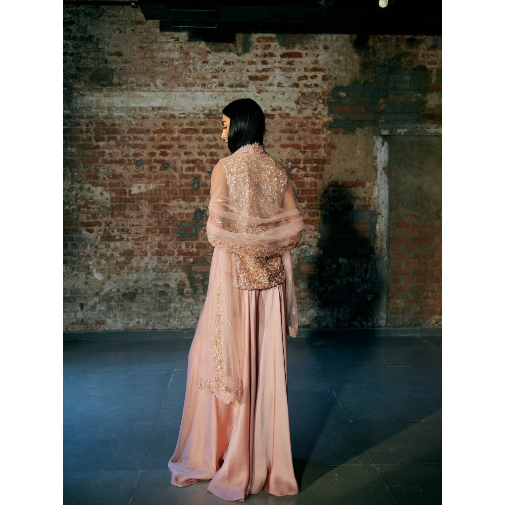Asaga Rose Gold Mist Satin Organza Flared Sharara with Jacket and Dupatta (Set of 3)
