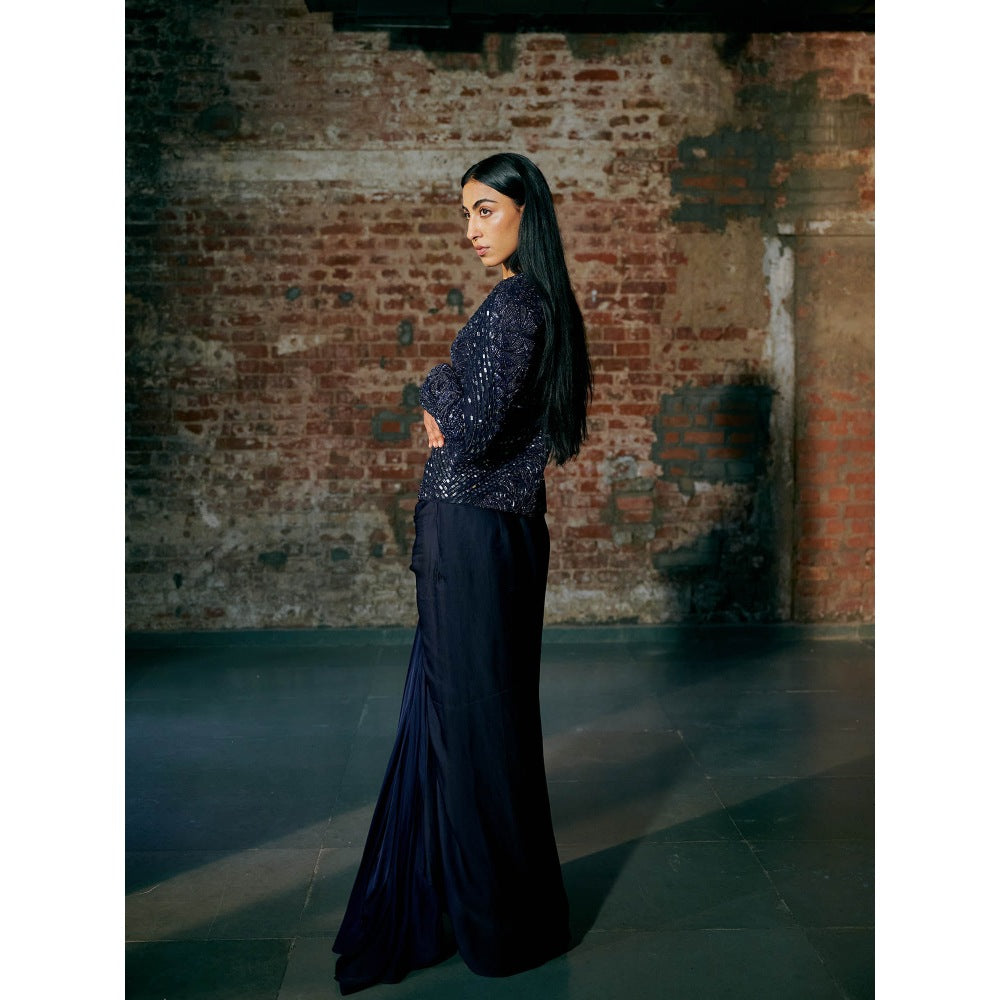 Asaga Navy Blue Jonqal Jacket with Lehenga (Set of 2)