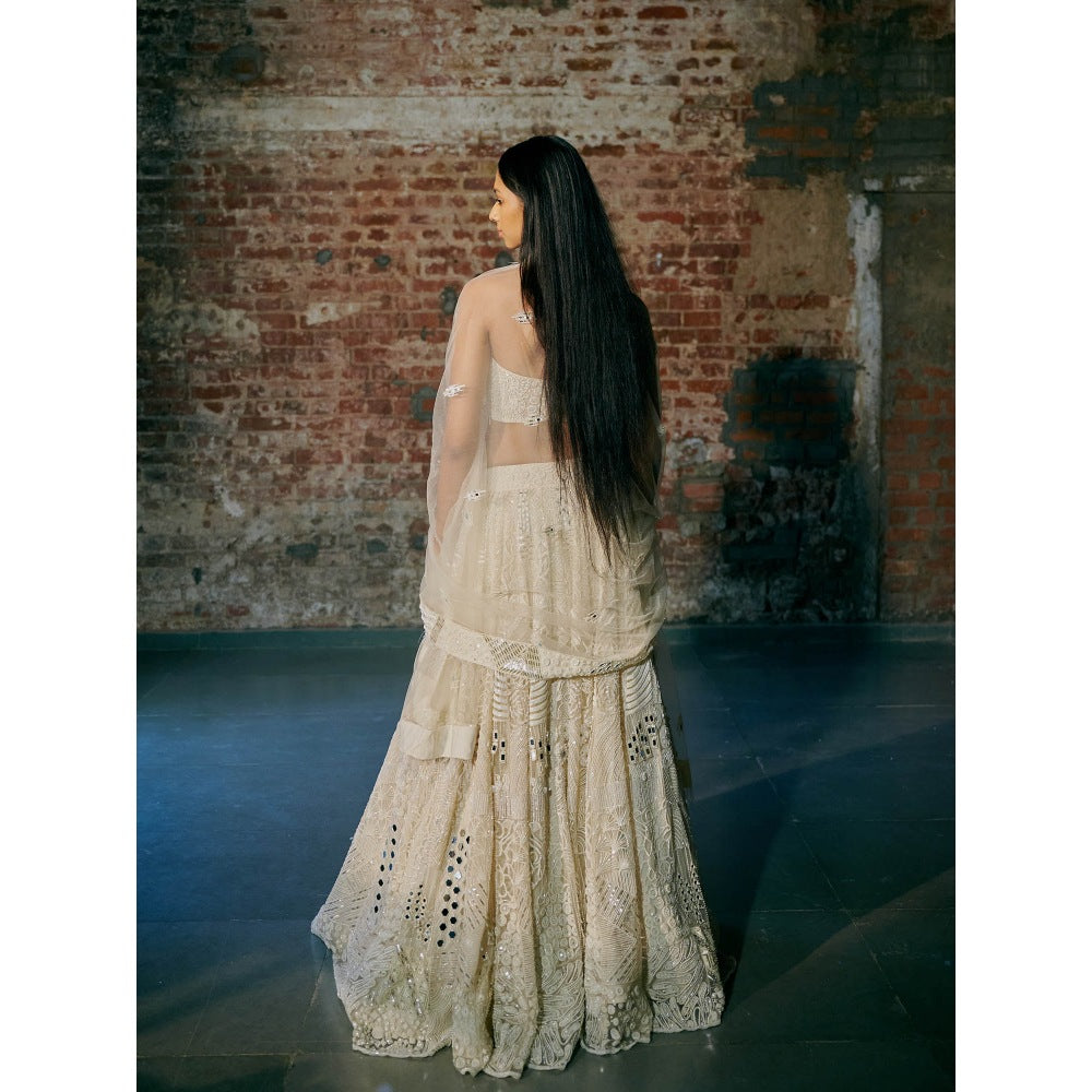 Asaga Ivory Swirl Tulle Blouse with Lehenga and Dupatta (Set of 3)