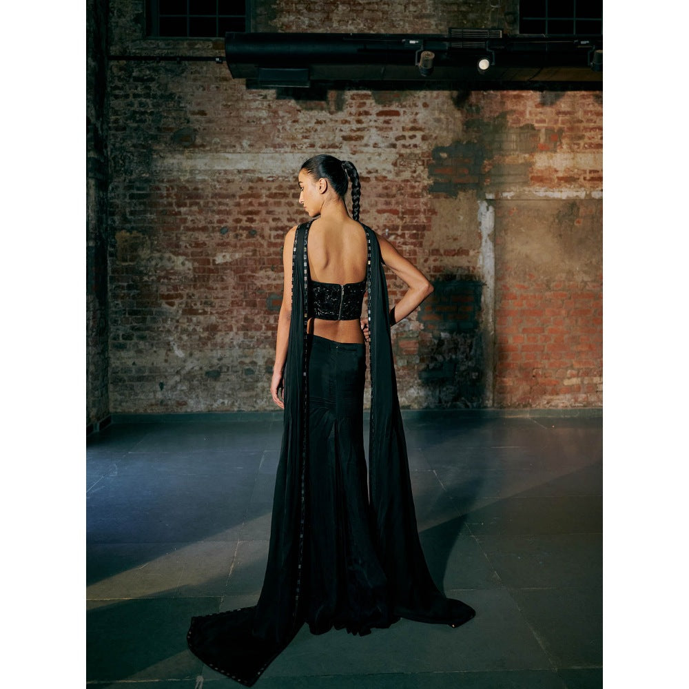 Asaga Black Flutter Tulle Blouse with Lehenga and Dupatta (Set of 3)