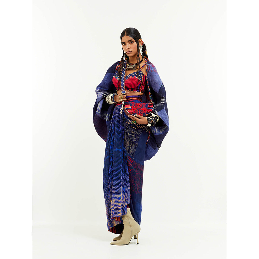 Aseem Kapoor Blue Gami Envelope Jacket With Blouse And Skirt (Set of 3)