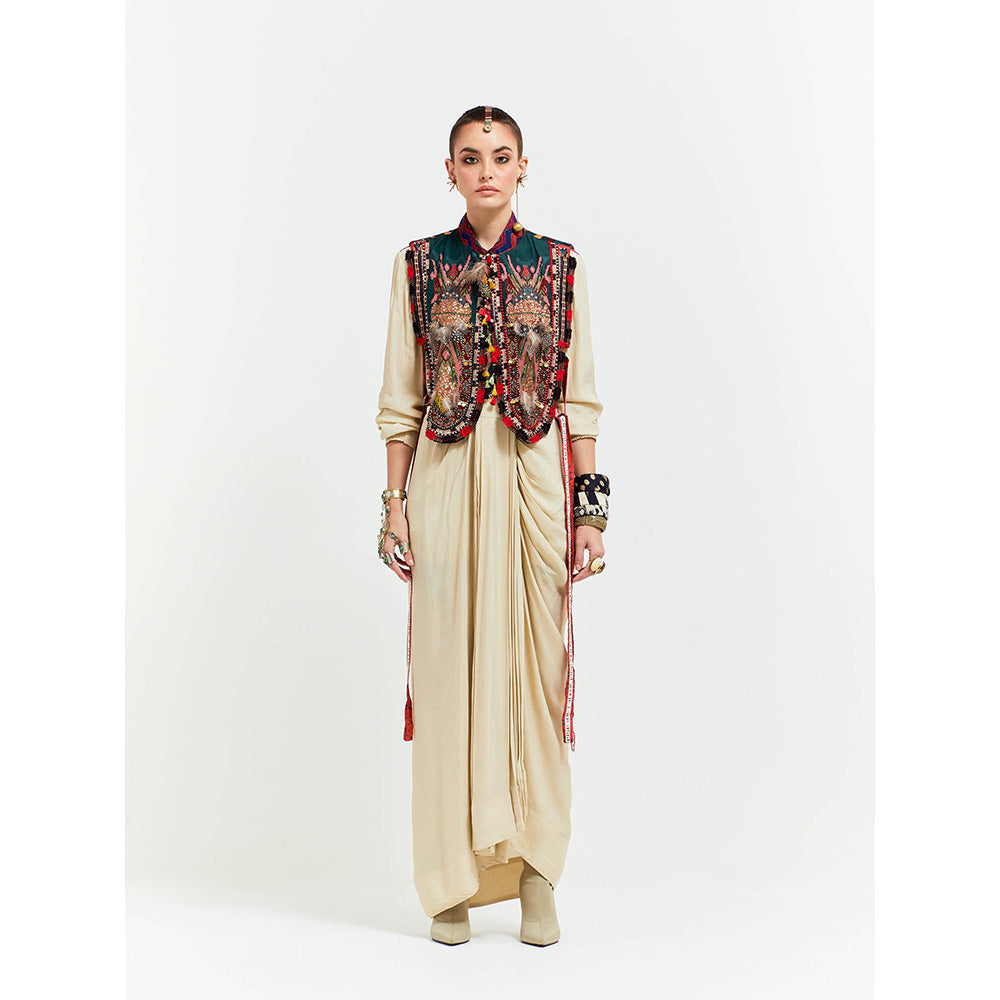 Aseem Kapoor Beige Zuri Gilet With Shirt And Skirt (Set of 3)