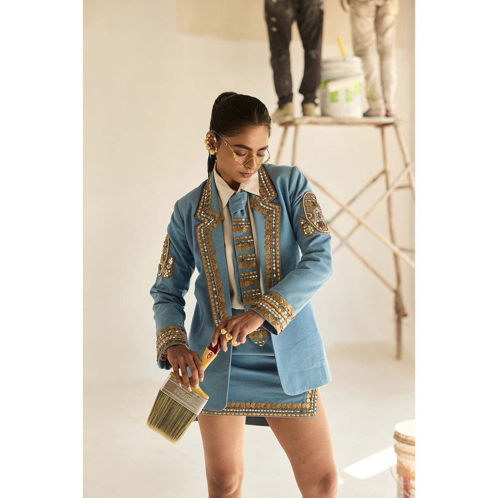 ASHNA VASWANI Blue Evi Drape -Denim Blazer with Skirt, Shirt and Heavy Work Tie