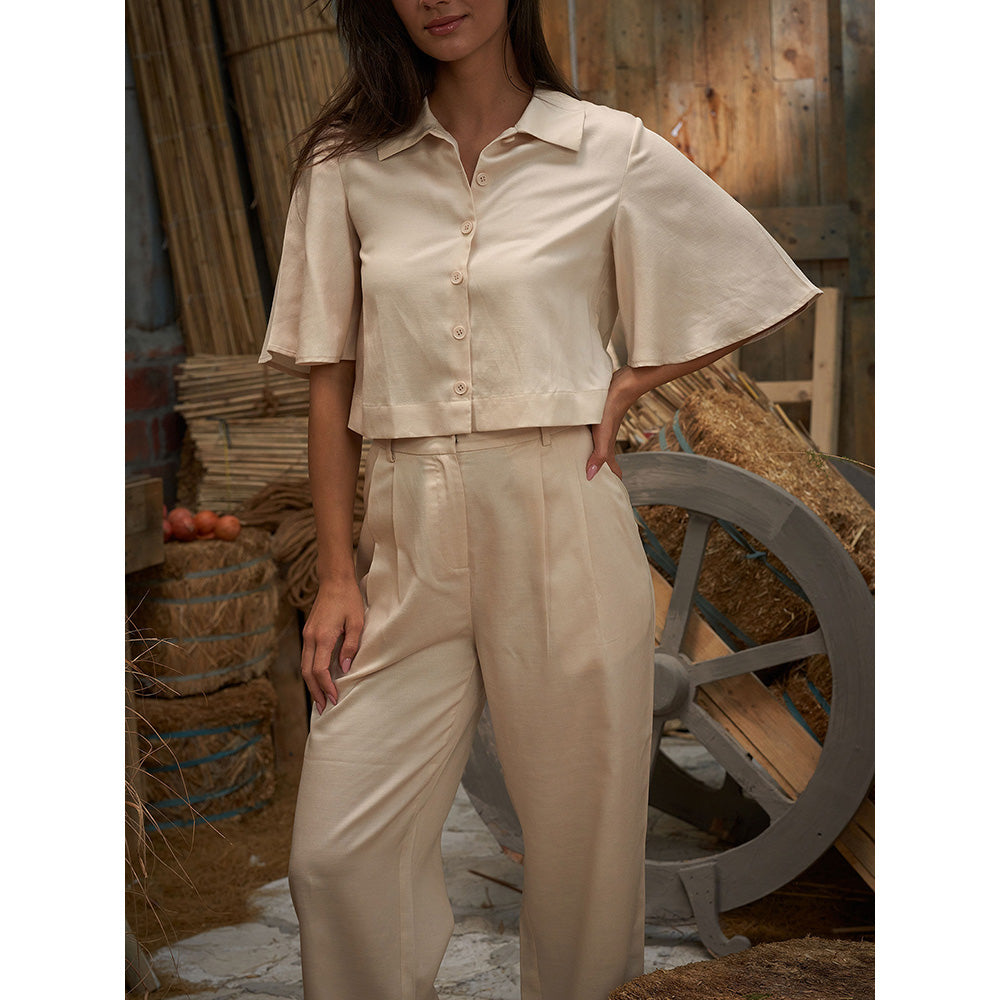 ASHITA FERNANDES Women Off White Premium Linen High Waist Relaxed Trouser