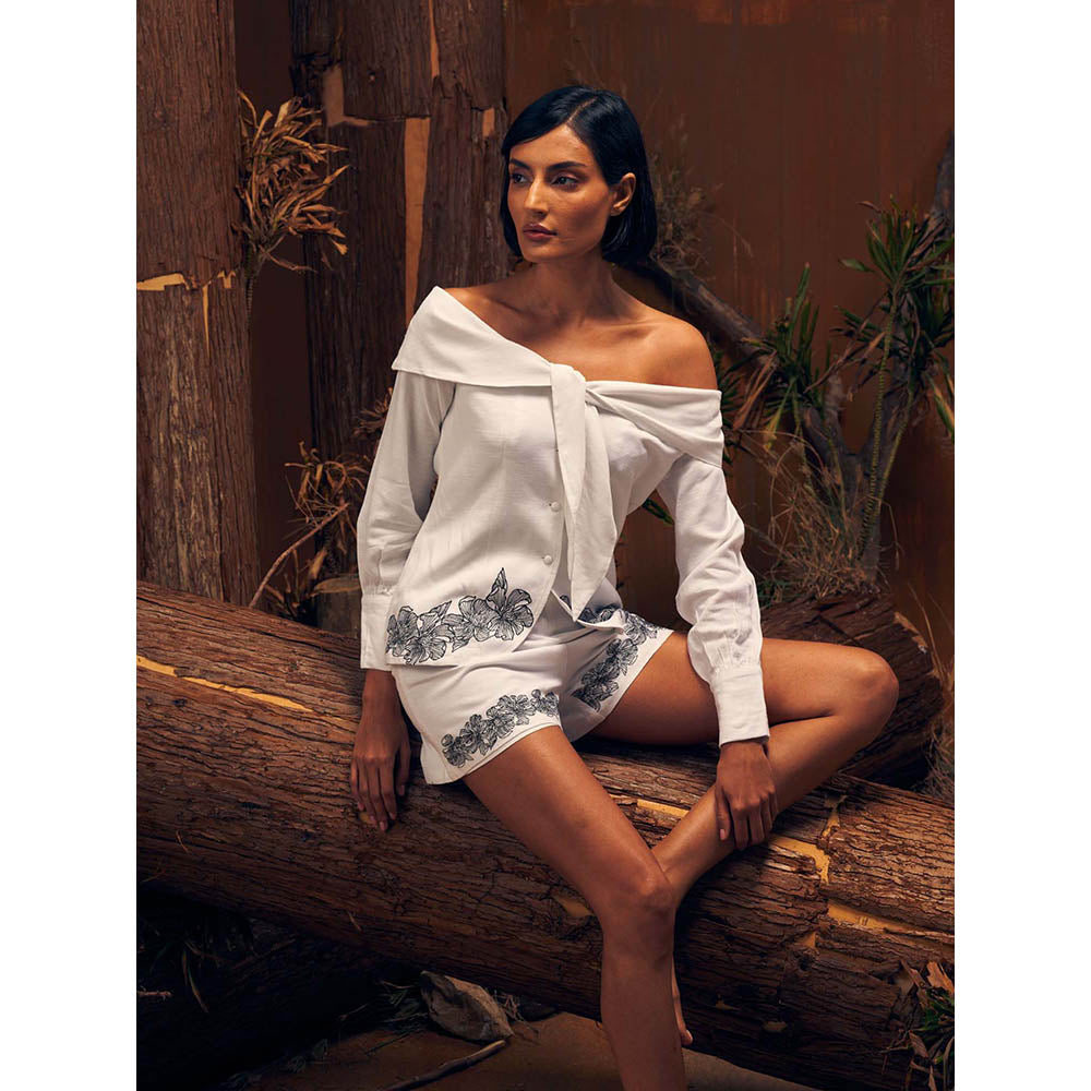 ASHITA FERNANDES Women Off-Shoulder Embroidered White Linen Top