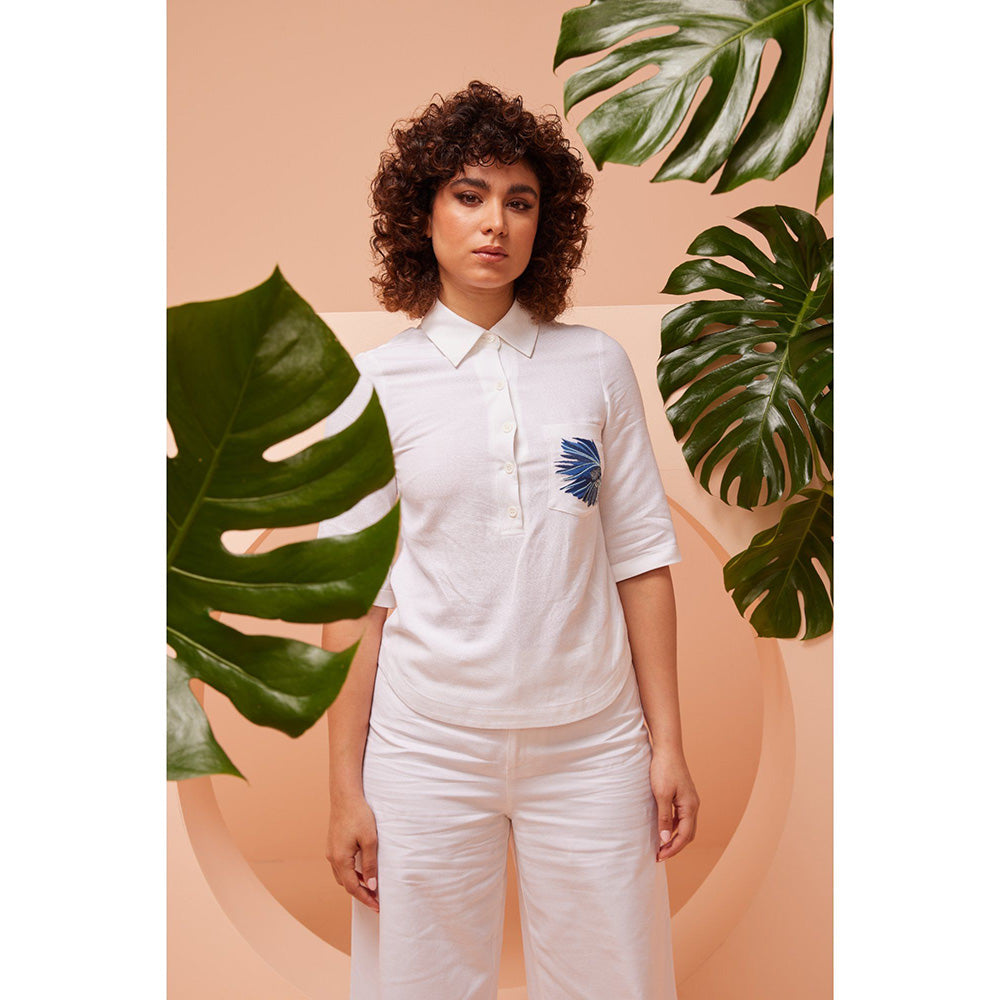 ASHITA FERNANDES Women Nature In White Embroidered Henley Top