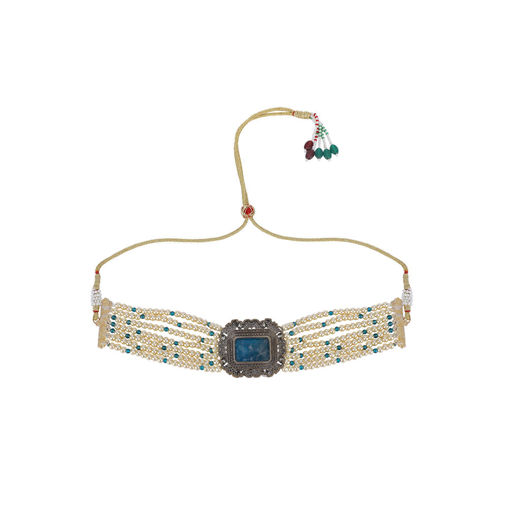 Auraa Trends 22KT Gold Plated Kundan Elegant Blue Choker Necklace Set