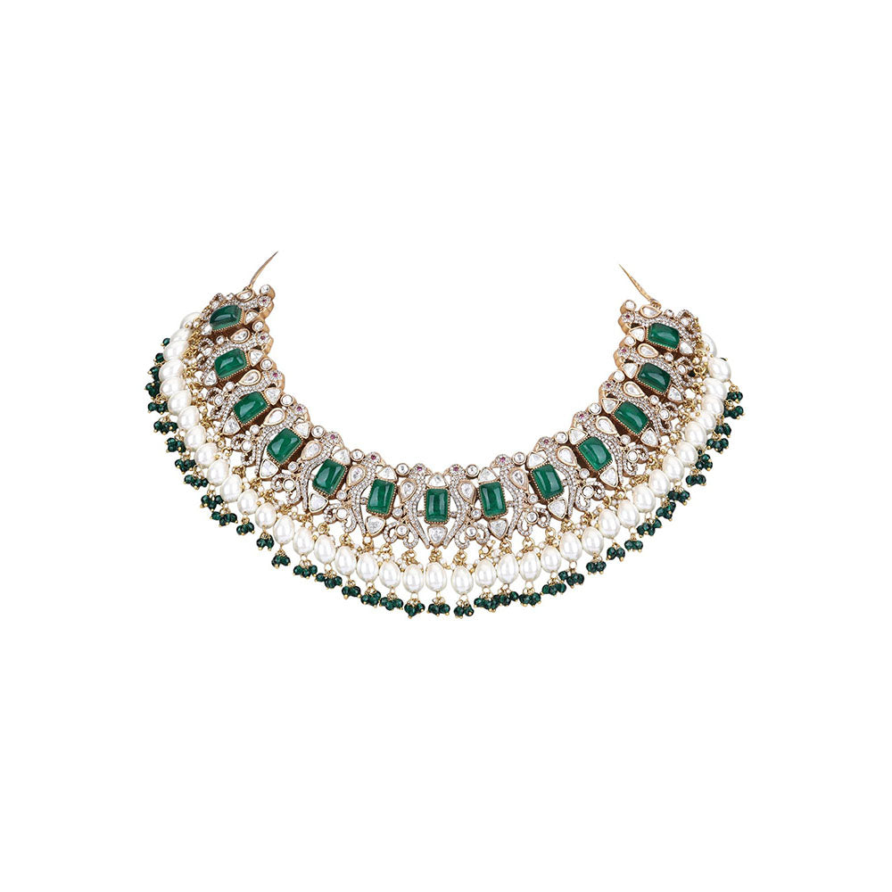 Auraa Trends 22Kt Gold Plated Kundan Classic Green Necklace Set For Women & Girls