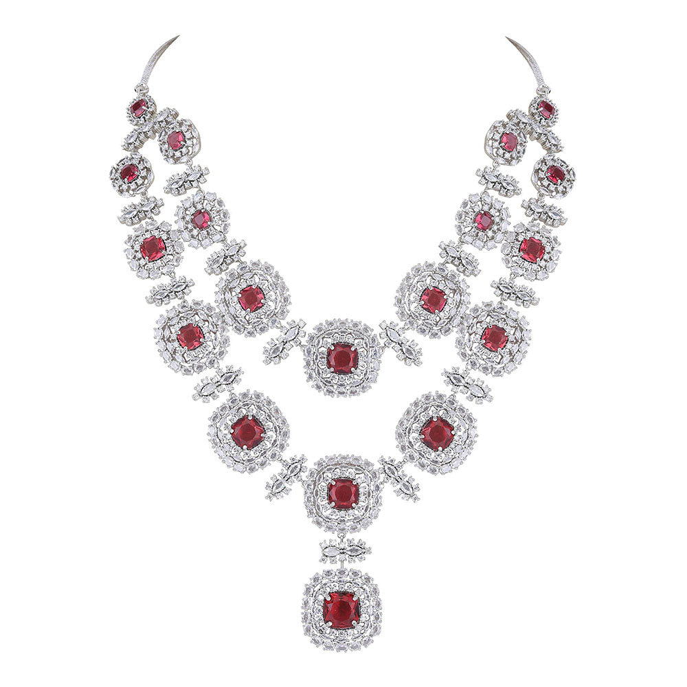 Auraa Trends Rhodium Plated American Diamond Zircon Red Necklace Set for women