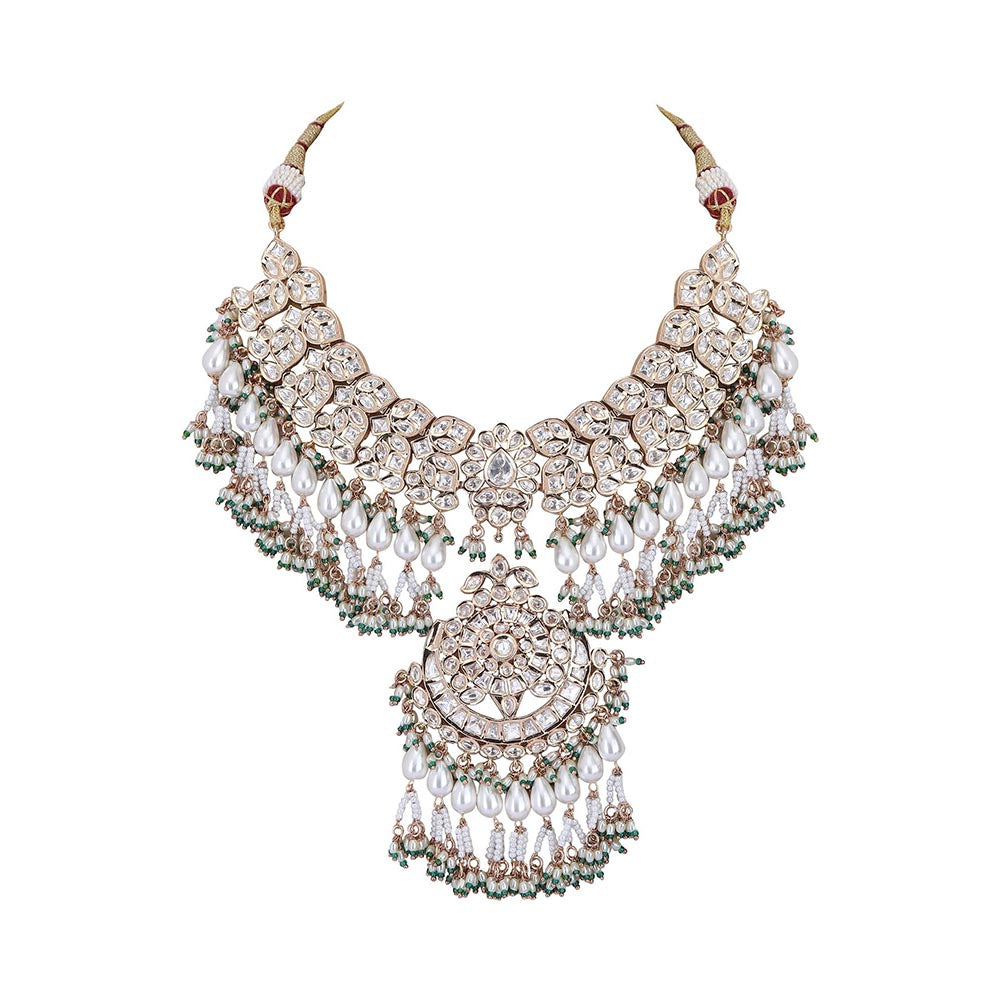 Auraa Trends 22KT Gold Plated Kundan Classic White and Green Necklace Set for women