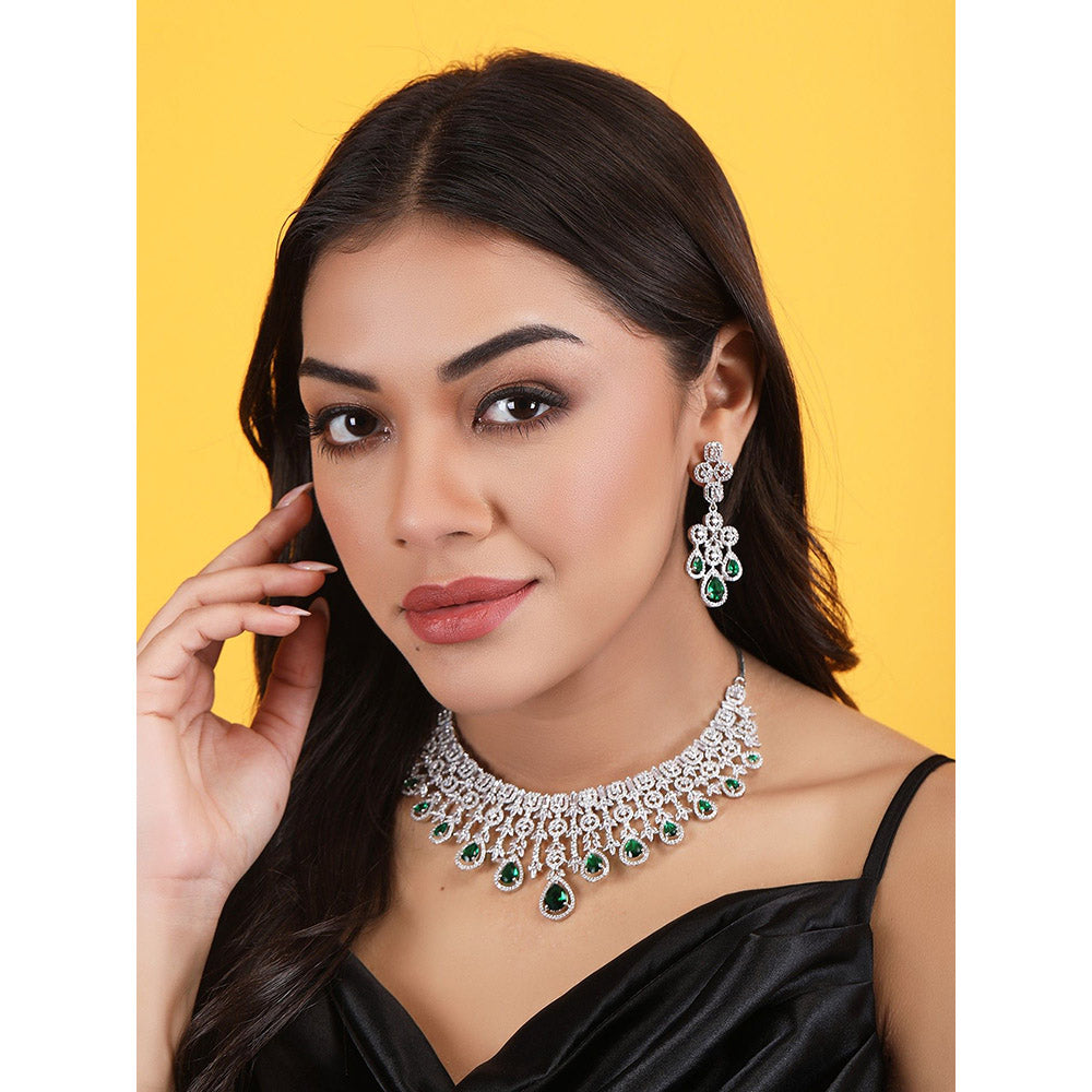 Auraa Trends Rhodium Plated Triangular Shaped American Diamond Studded Jewellery Set For Women