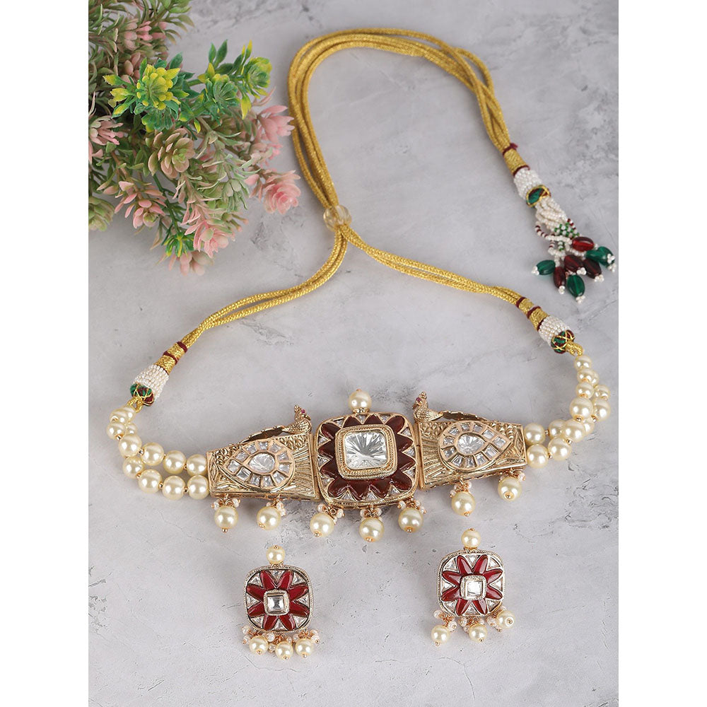 Auraa Trends 22Kt Gold Plated Kundan Maroon And Gold Choker Jewellery Set