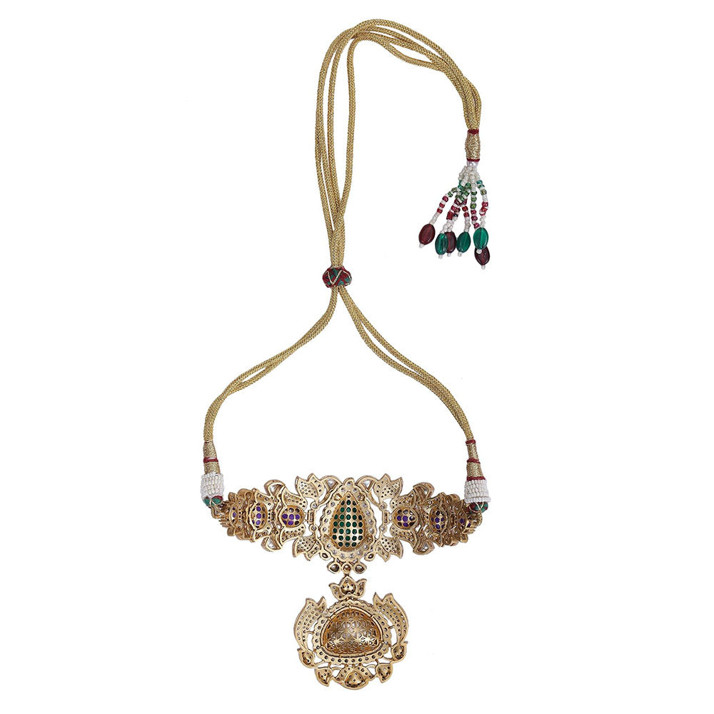 Auraa Trends Gold Plated Kundan Polka & Green Stone Choker Jewellery Set