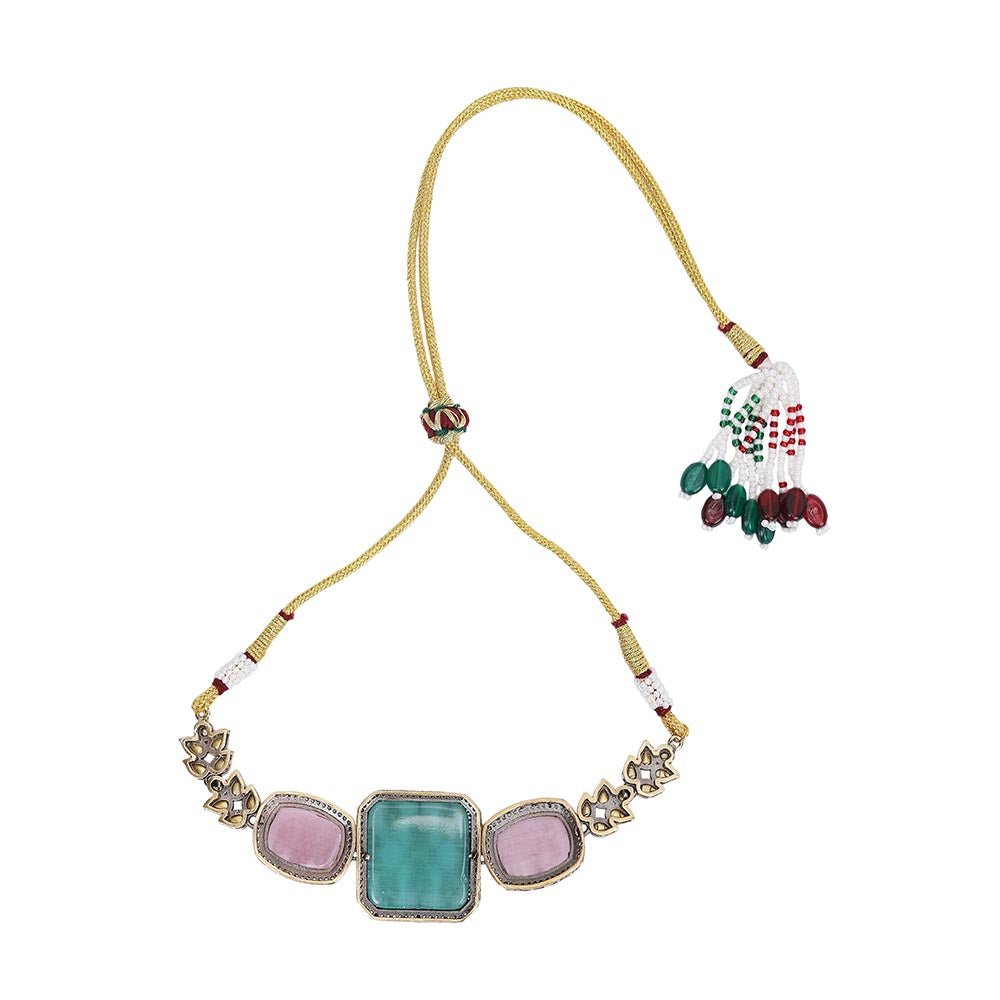 Auraa Trends Pink and Green Stone Necklace with Earrings
