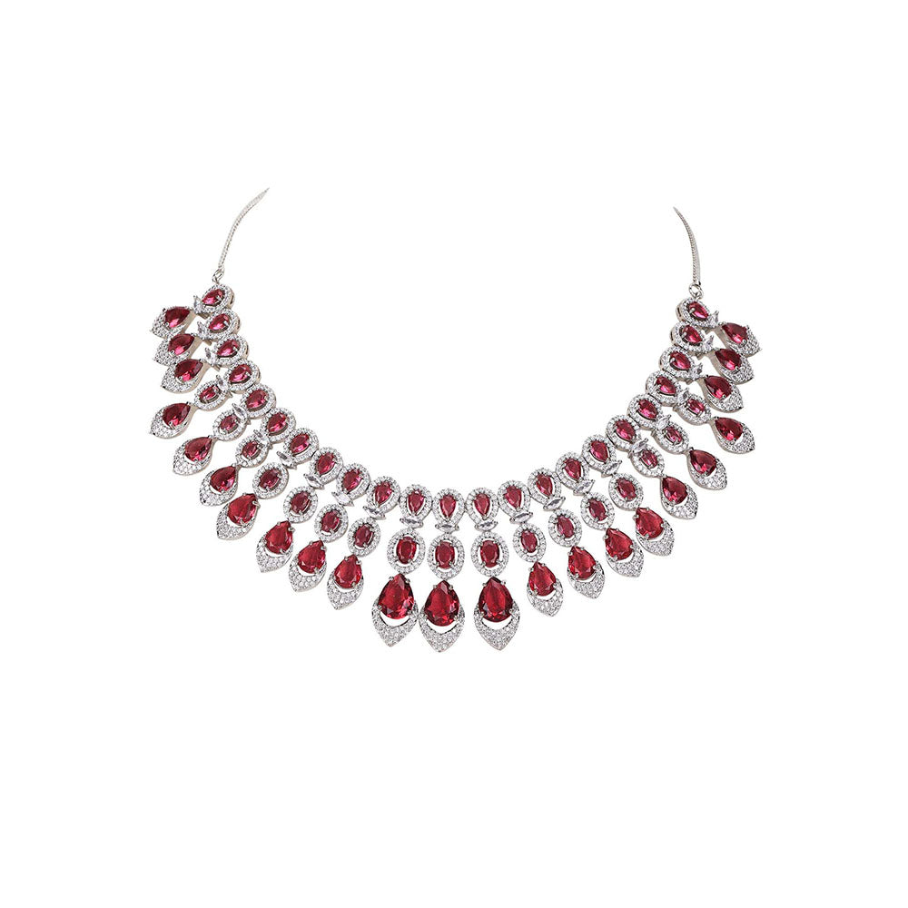 Auraa Trends Woman Red Silver Color Necklace with Earrings Set