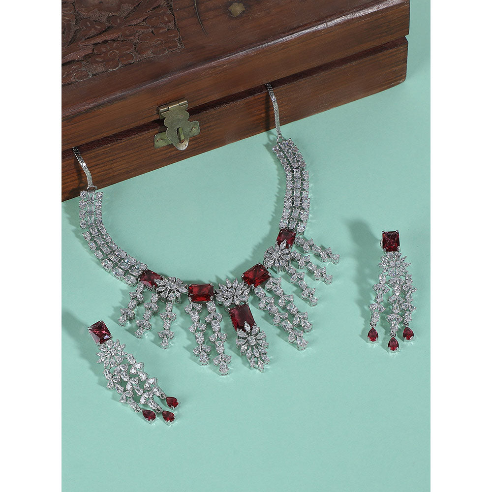 Auraa Trends Red and Silver Necklace with Earrings