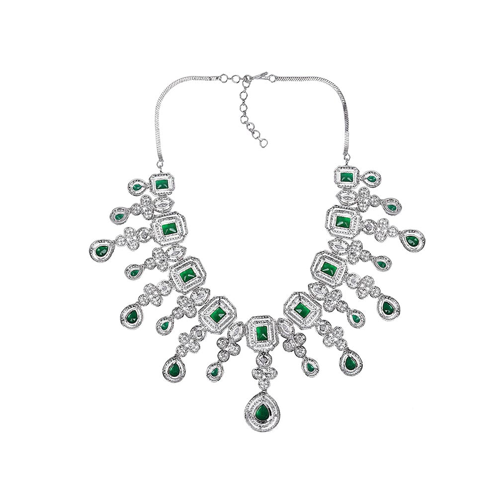 Auraa Trends Luxurious Emerald and Diamond Studded Silver Necklace with Earrings