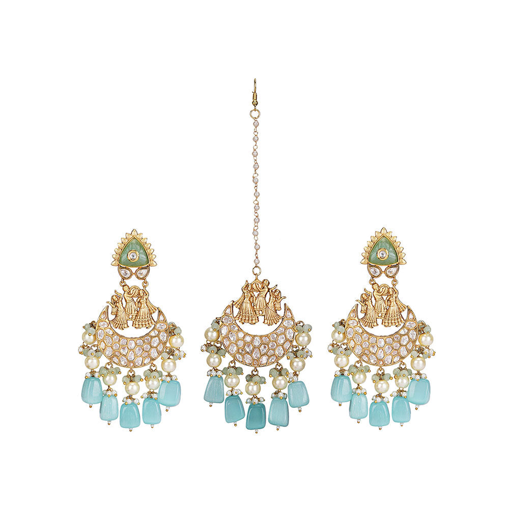 Auraa Trends Traditional Kundan and Pearl Chandbali Earrings with Maang Tikka Set