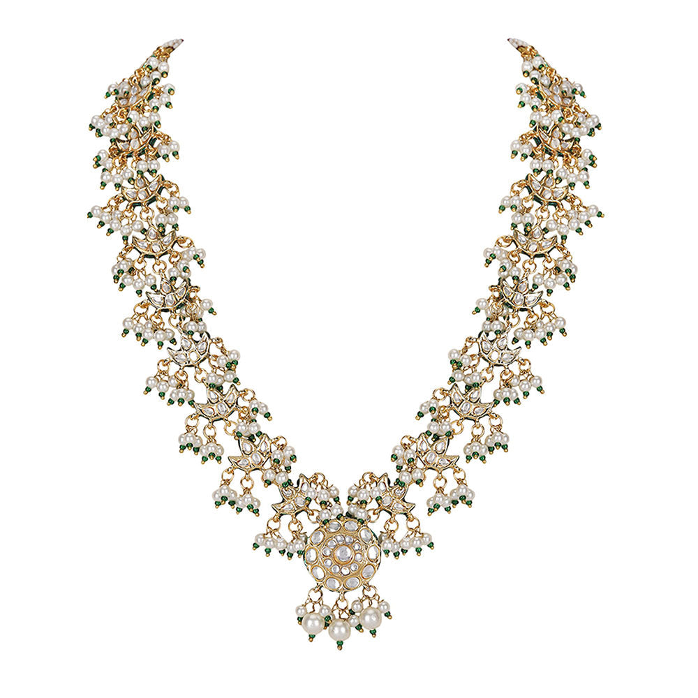 Auraa Trends White Royal Kundan and Pearl Bridal Necklace with Earrings