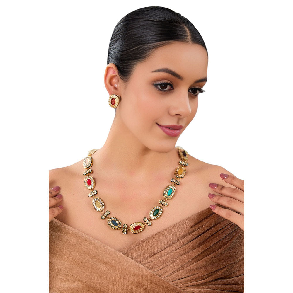 Auraa Trends Gold Finish Multi-Colored Gemstone Necklace & Earrings Set