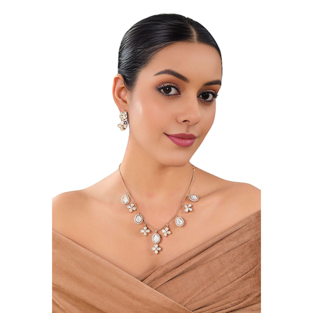 Auraa Trends White Gold Finish Kundan Polki and Pearl Floral Necklace & Earrings Set