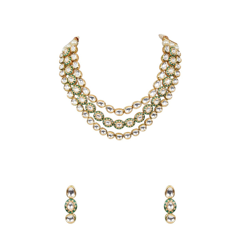 Auraa Trends White Gold Finish Uncut Kundan Polki Layered Necklace & Earrings Set