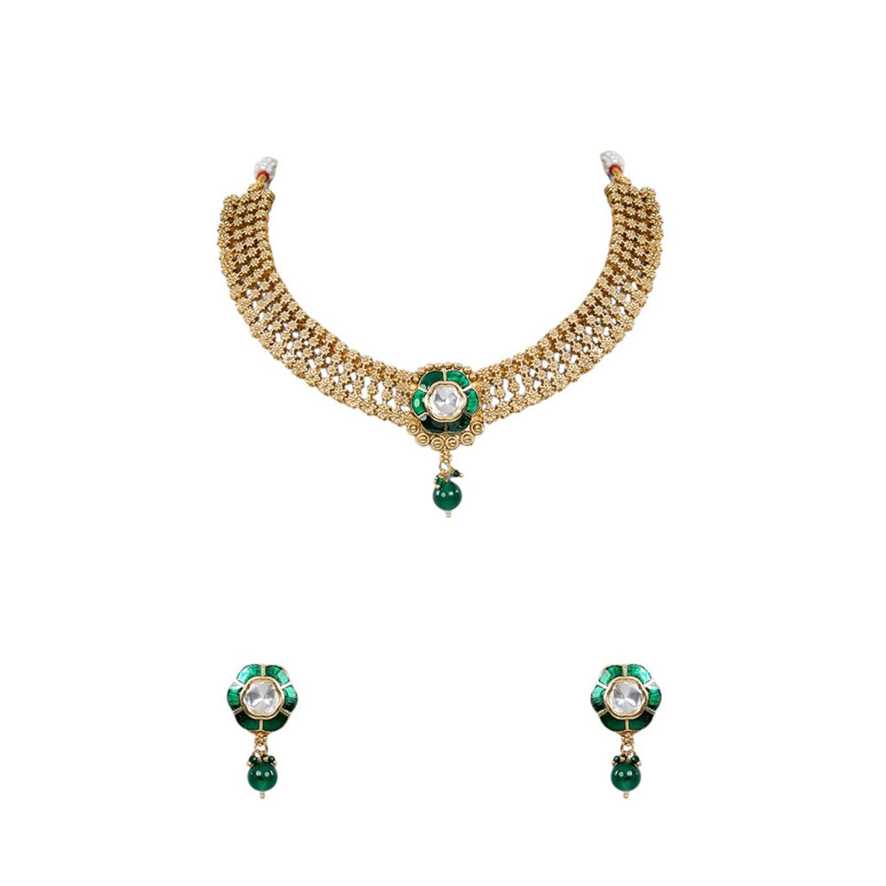 Auraa Trends Multi-Color Antique Gold Finish Kundan Polki and Green Stone Necklace & Earrings Set
