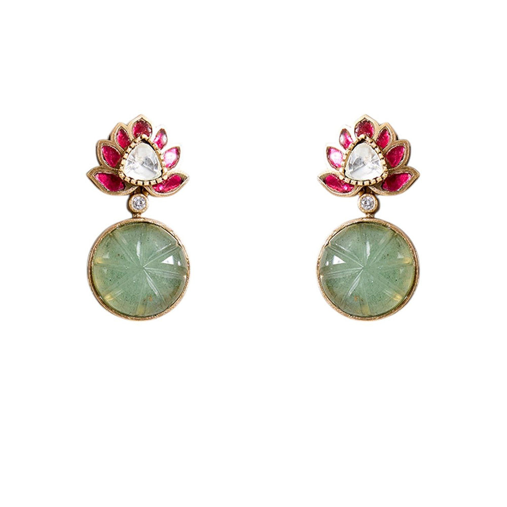 Auraa Trends Lotus Motif Carved Green Stone Necklace With Earrings Jewellery Set
