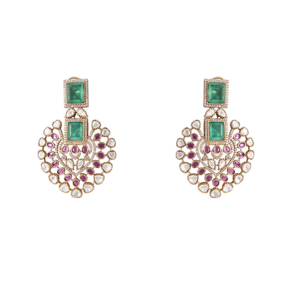 Auraa Trends Gold Finish Kundan Polki Necklace With Earrings Jewellery Set With Ruby Stones