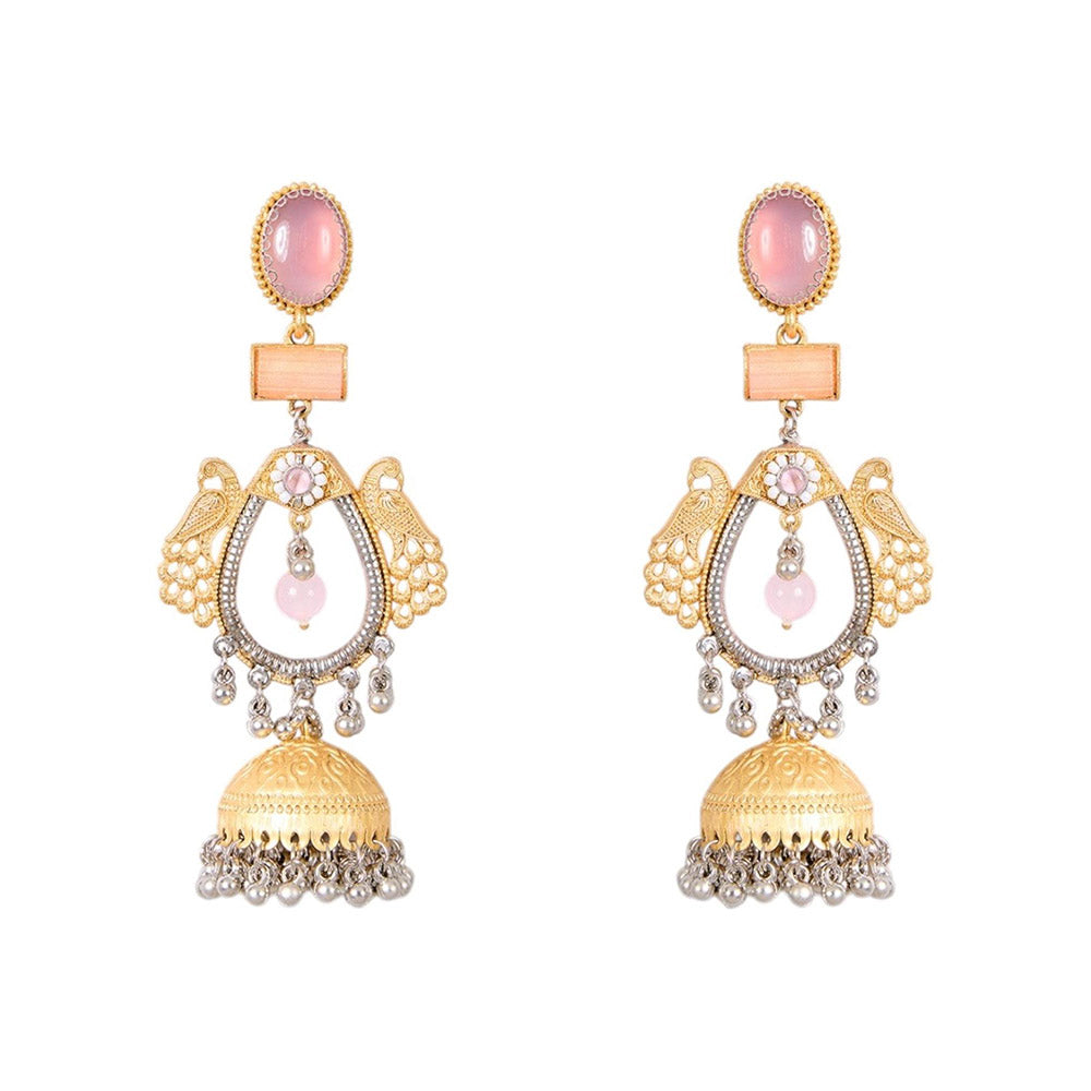 Auraa Trends Gold-Tone Dual Peacock Pink Stone Jhumka Earrings