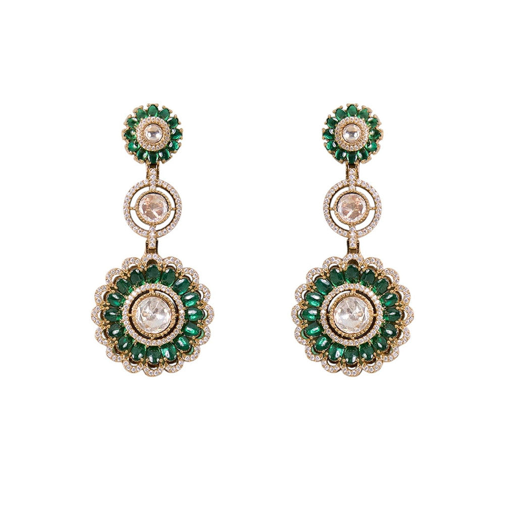 Auraa Trends Antique Gold-Plated Green Stone Floral Dangler Earrings