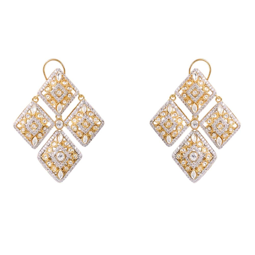 Auraa Trends Gold-Toned White Kundan Studded Square Drop Earrings