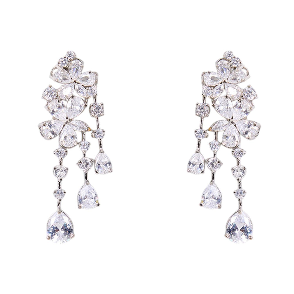 Auraa Trends Rhodium-Plated American Diamond Floral Drop Earrings