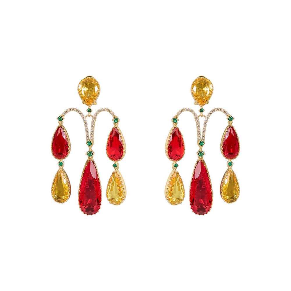 Auraa Trends Gold-Plated Red and Yellow Stone Teardrop Earrings