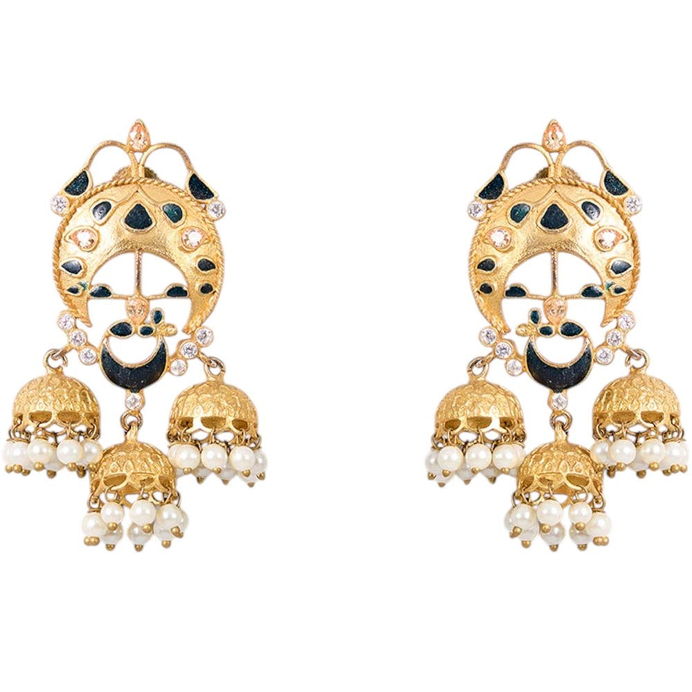 Auraa Trends Gold-Plated Black Enamel Pearl Jhumka Earrings