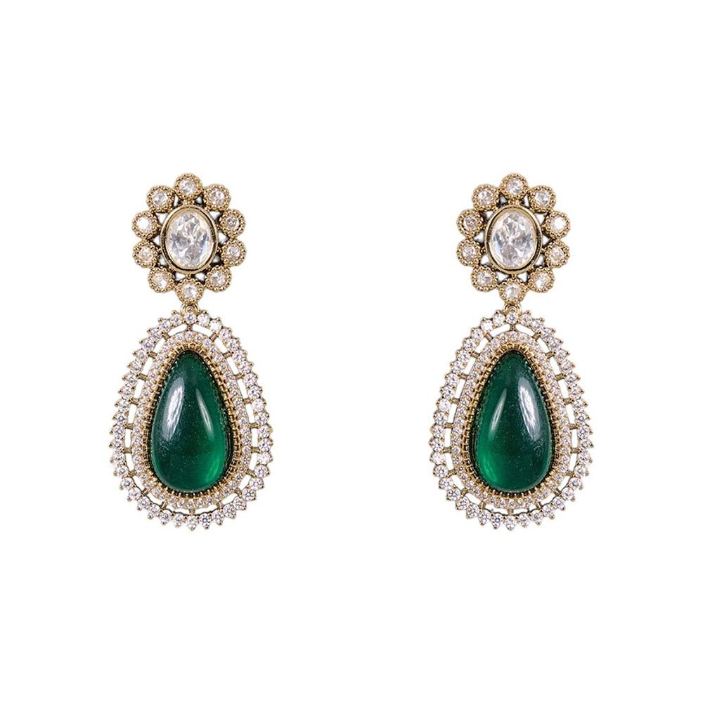 Auraa Trends Two-Tone Finish Kundan Polka and Green Stone Jewellery Set