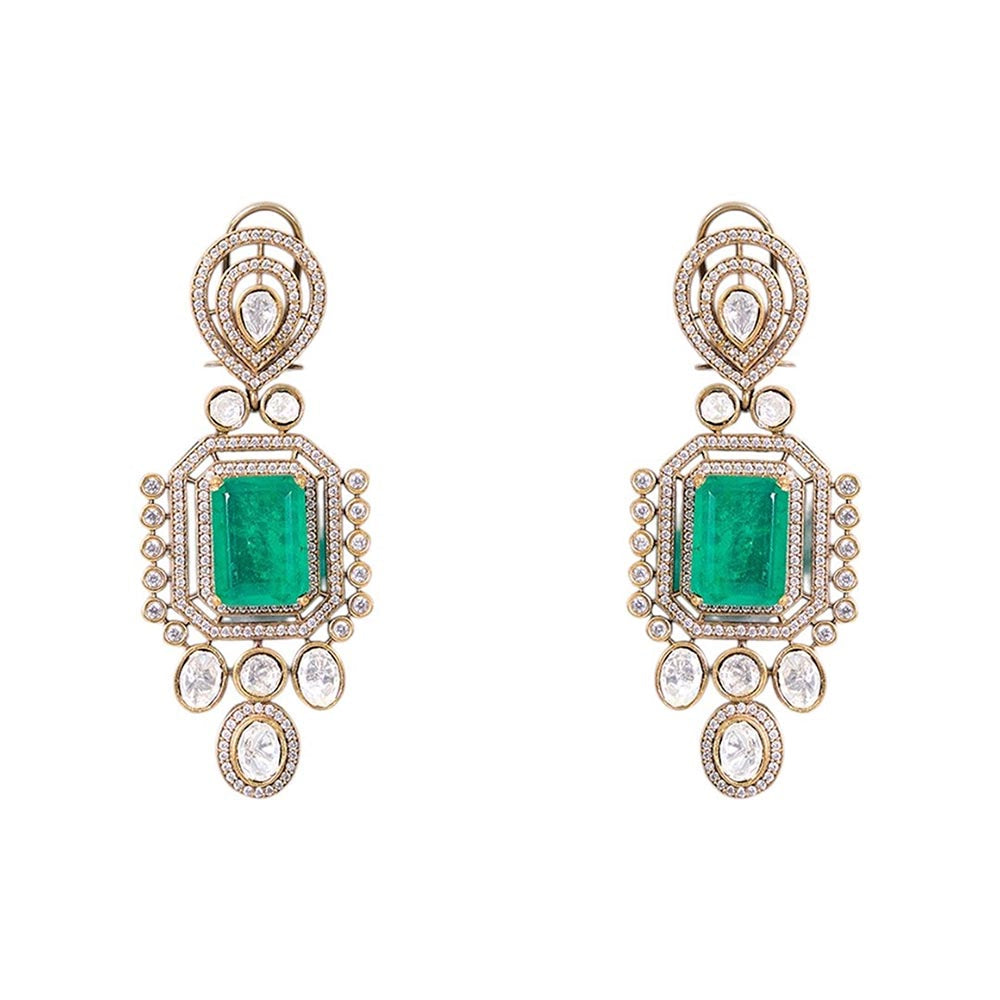 Auraa Trends Gold Finish Kundan Polka and Green Onyx Jewellery Set