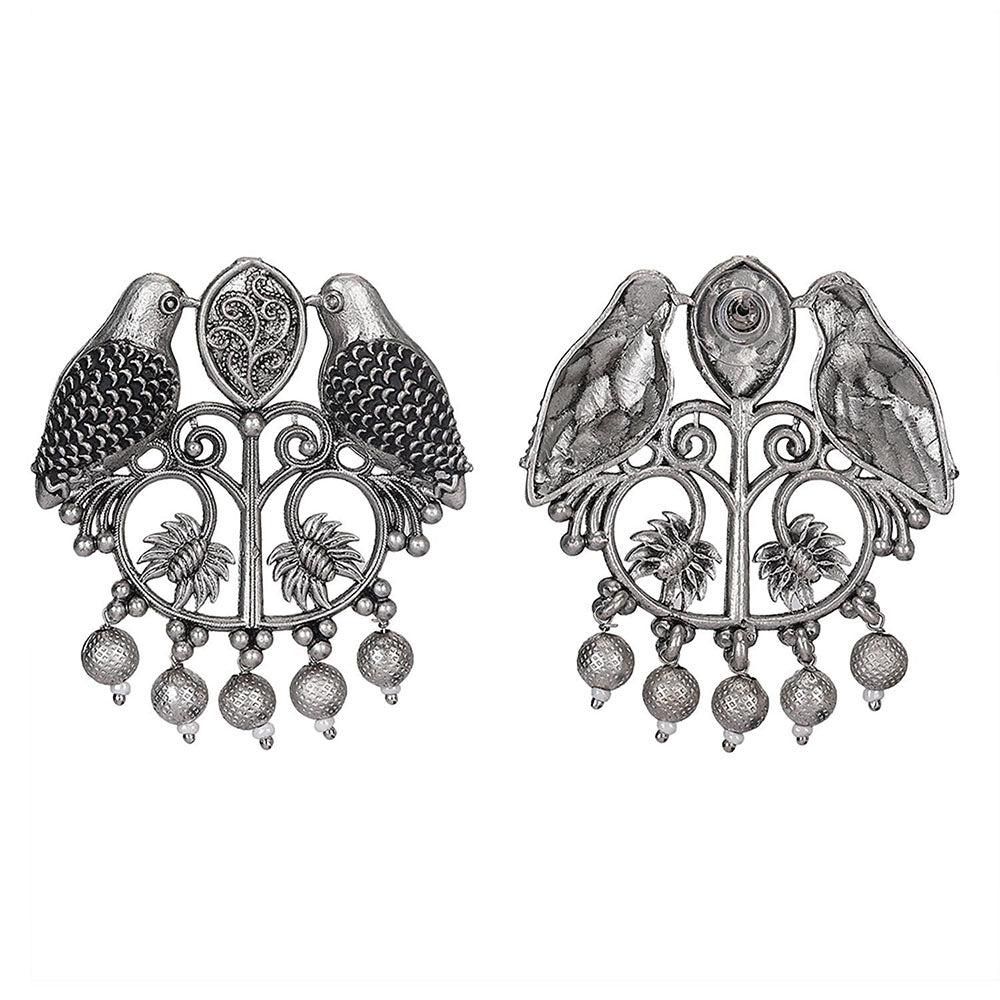 Auraa Trends Oxidized Silver Bird Motif Earrings With Floral Design And Dangling Beads