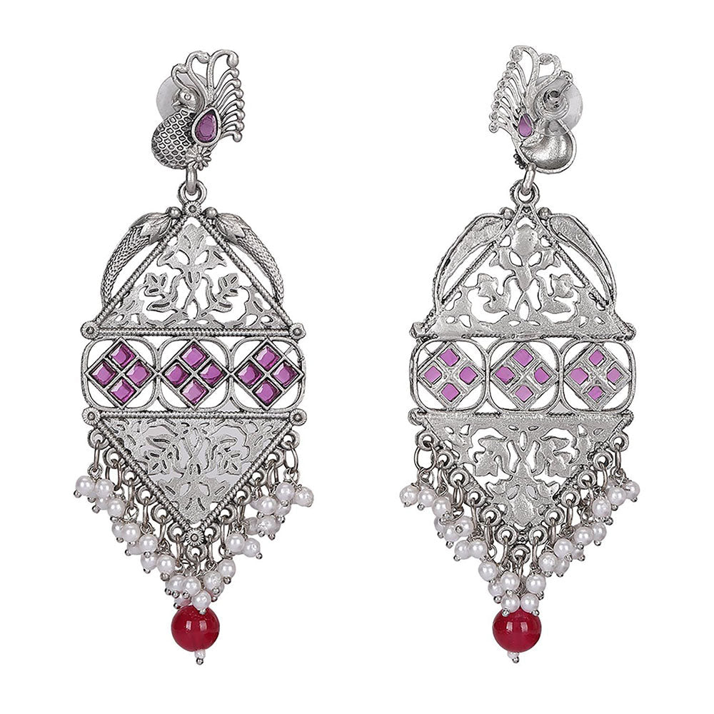 Auraa Trends Oxidized Silver Peacock Motif Mirror Work Earrings With Pearl And Bead Danglers