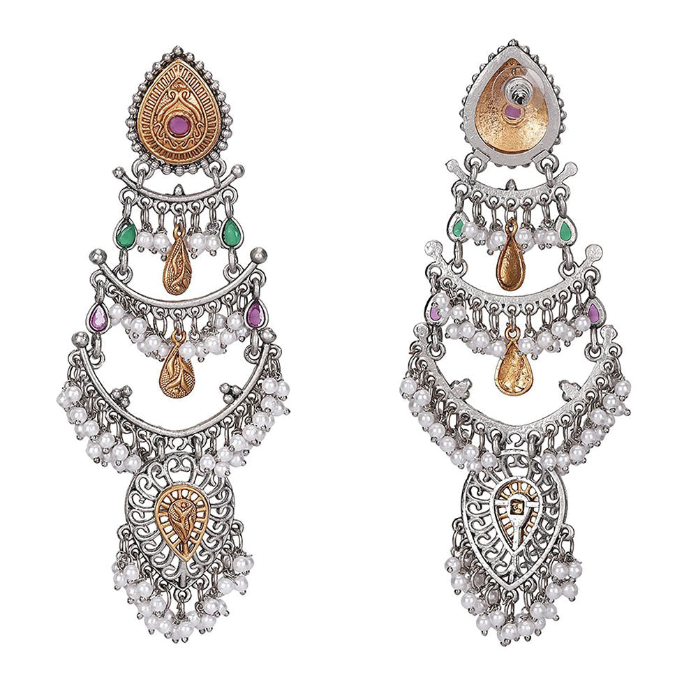Auraa Trends Antique Oxidized Silver Multi-Layer Pearl And Kundan Chandbali Earrings For Women