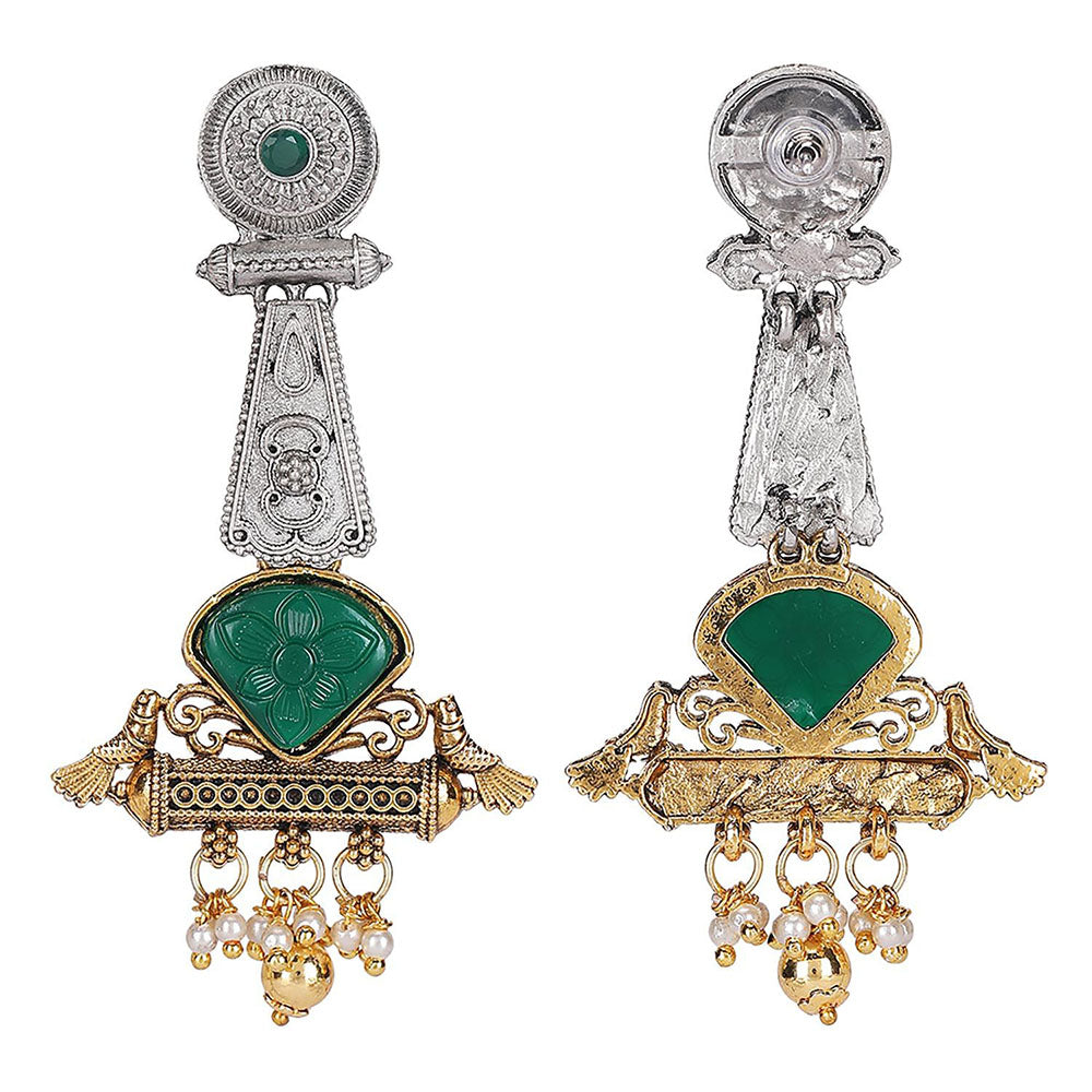Auraa Trends Antique Tribal Dual-Tone Earrings With Green Stone And Pearl Dangling